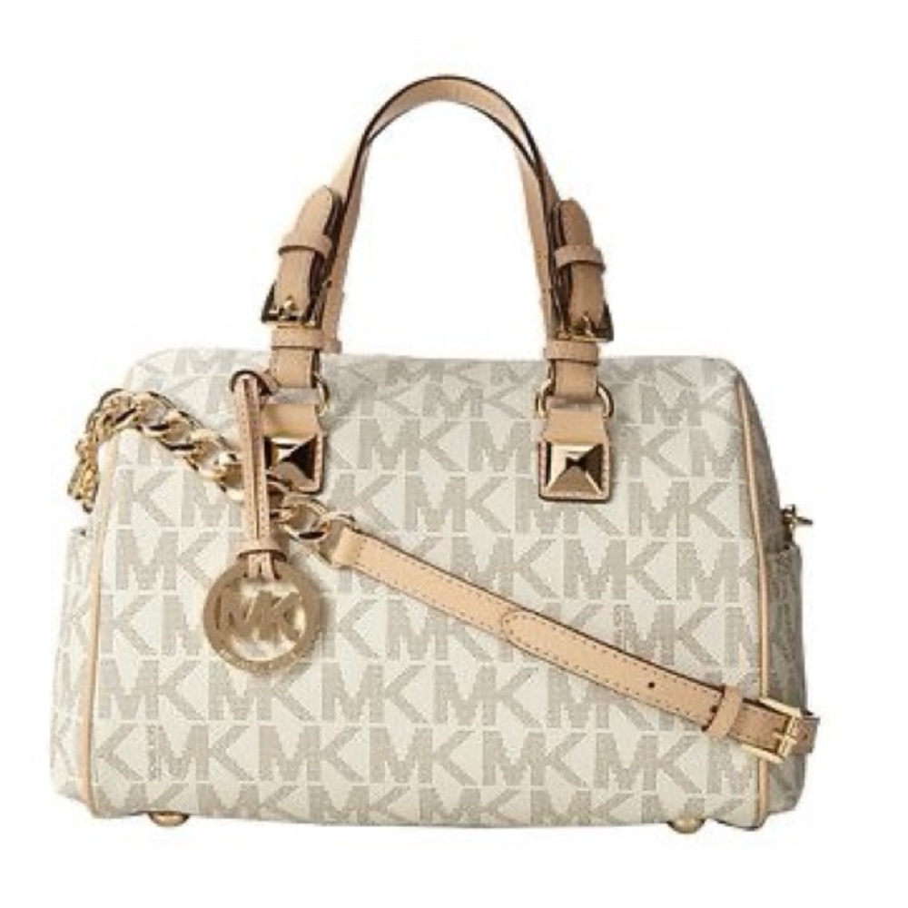 Michael Kors Cream Logo Satchel with Tan Trim